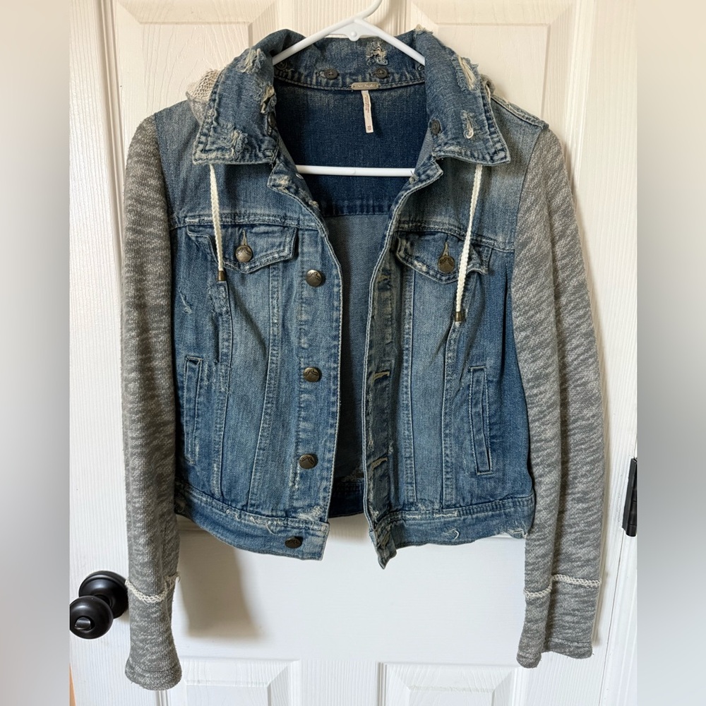 Free People Blue Denim Jacket with Gray Sleeves